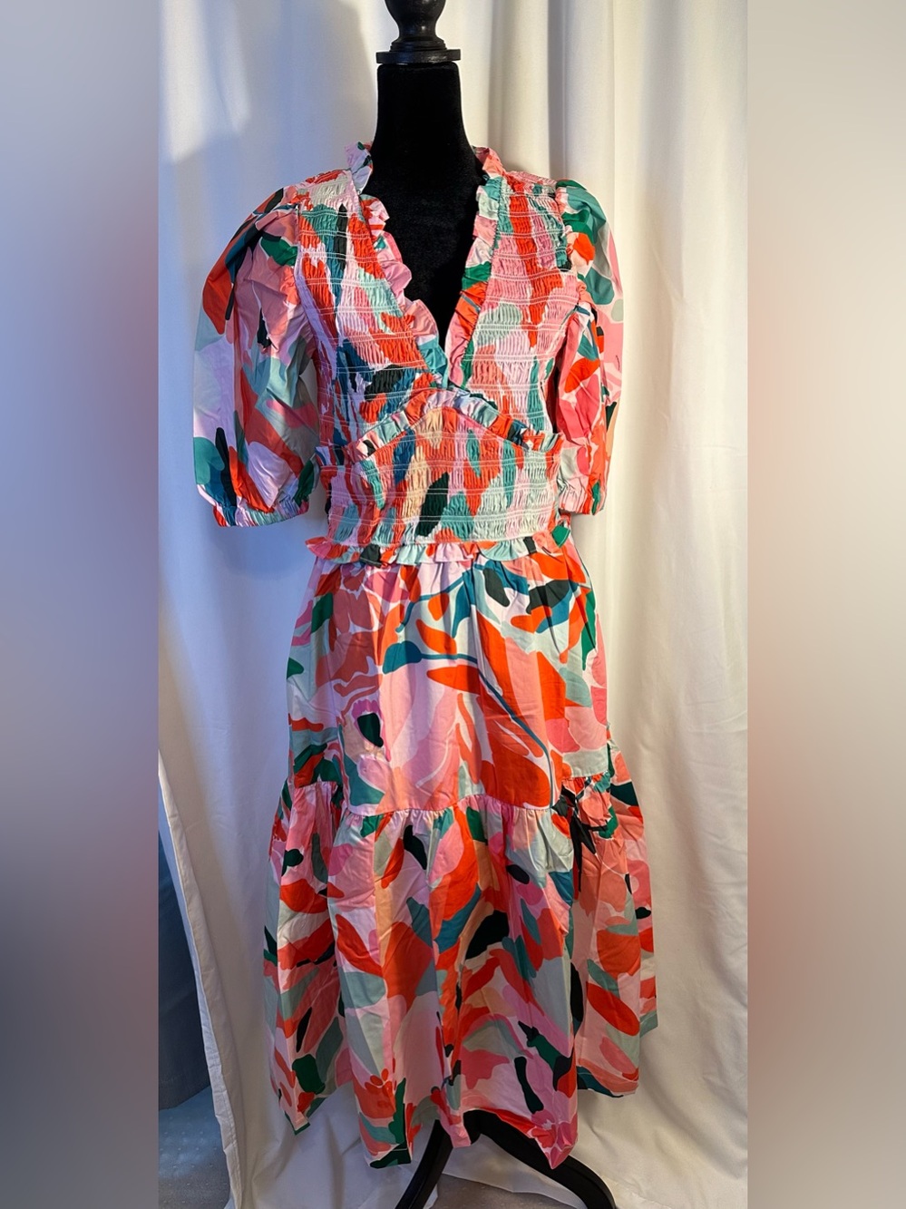 Jessie Zhao | Ramona Watermelon Smocked Midi Dress | Size 4